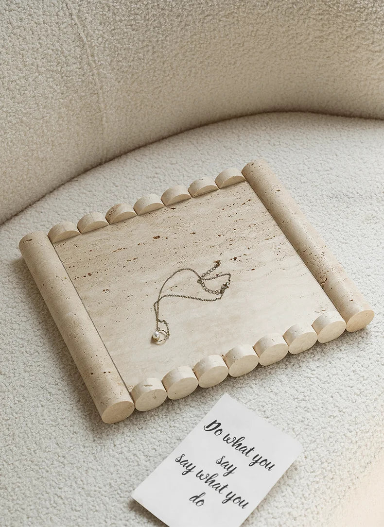 Plateau de Service Marbre Travertin Beige Vintage