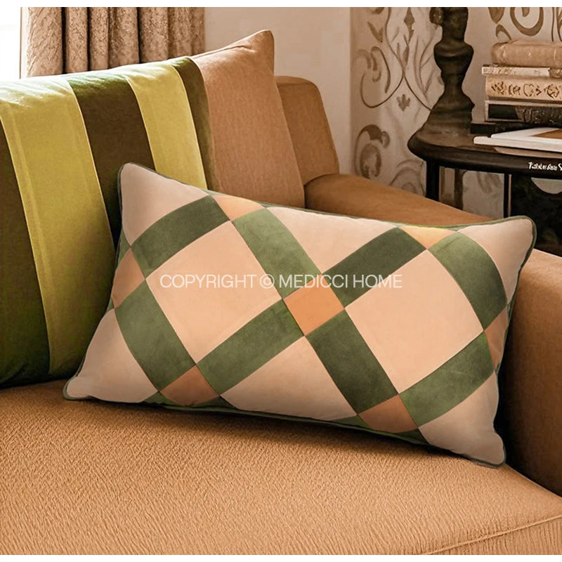 Beige & Gold Striped Lumbar Pillow Cover – Velvet Patchwork, 45x65cm