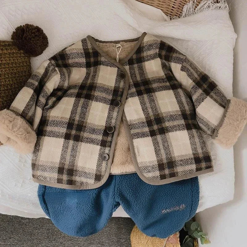 Manteau Enfant en Laine à Carreaux Peluche