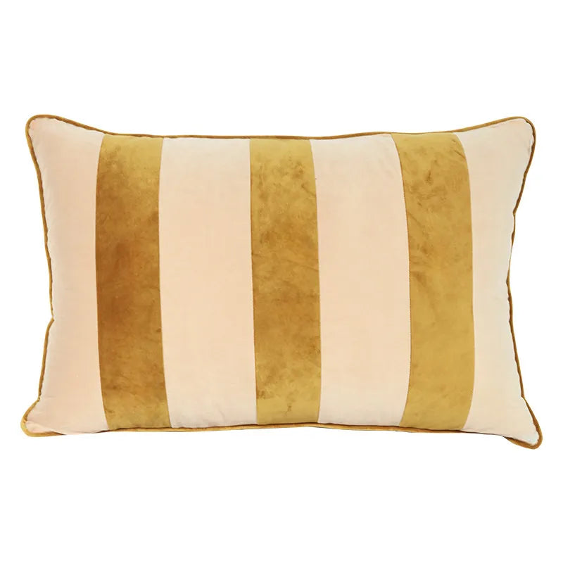 Beige & Gold Striped Lumbar Pillow Cover – Velvet Patchwork, 45x65cm