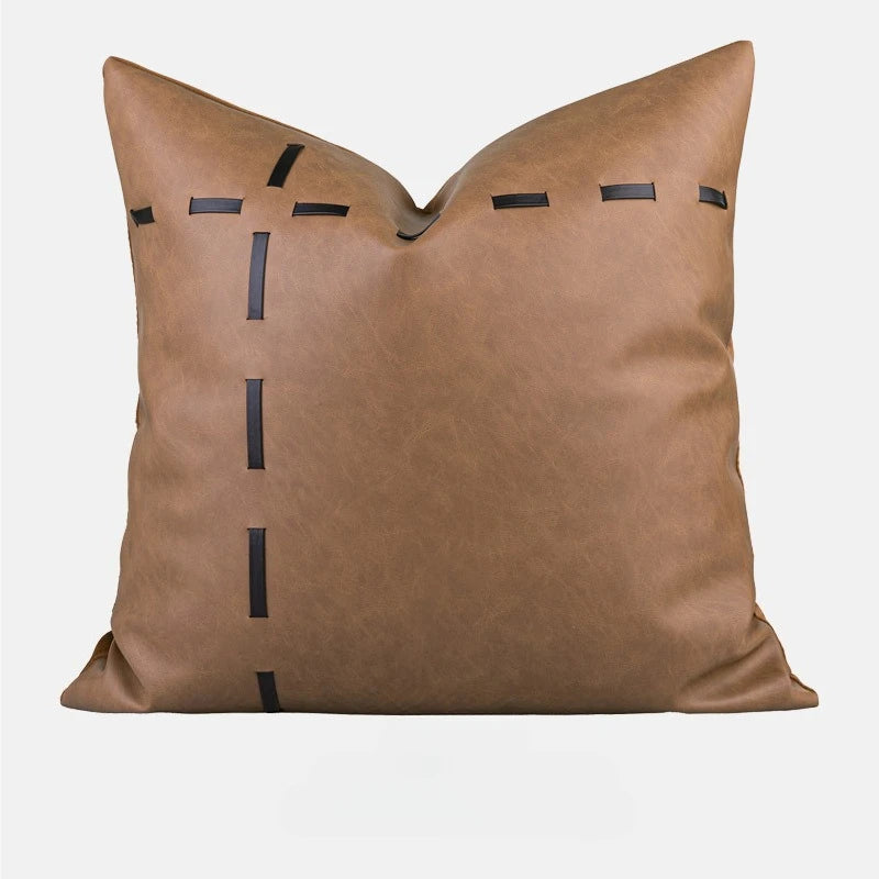 Housse de Coussin Beige Brun Patchwork Cuir Style Français