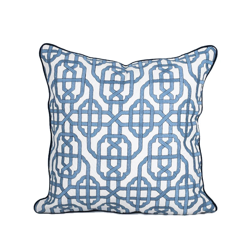Housse de Coussin Brodée Motif Marocain Bleu Indigo