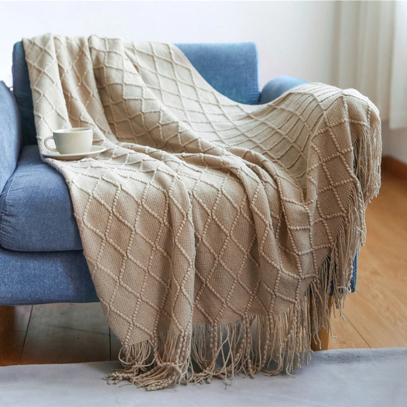 Jeté en Tricot Jacquard - Motif Carreaux Cosy