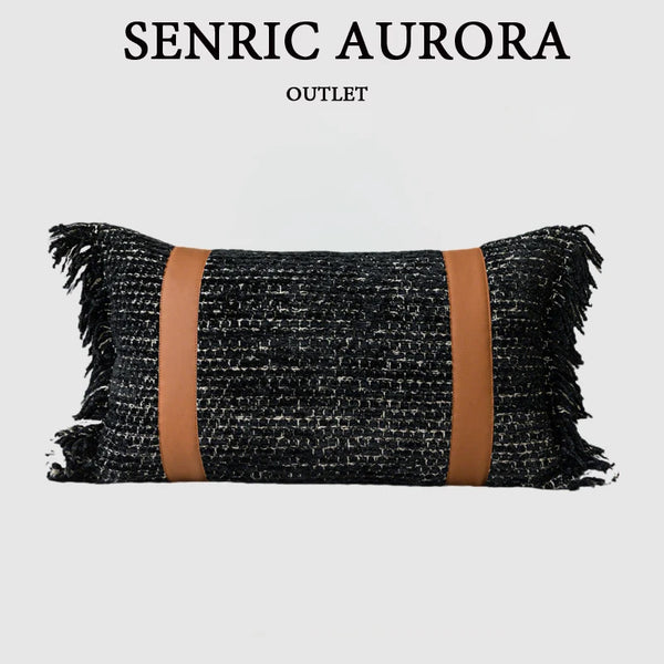 Housse de Coussin Pompons Noirs et Cuir Orange Format Lombaire