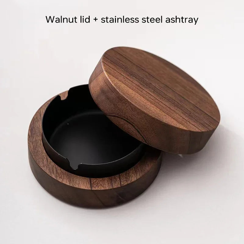Cendrier de Table en Bois de Noyer avec Couvercle Anti-Vent