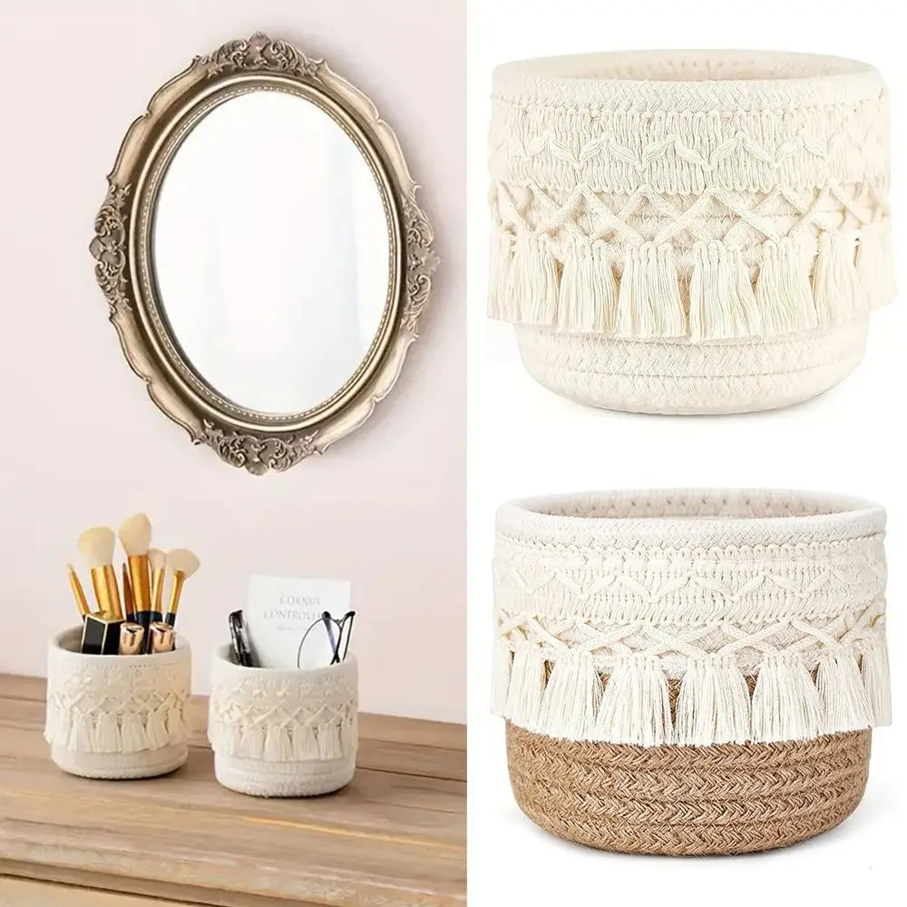 Panier de Rangement Tressé à Pompons - Corde de Coton