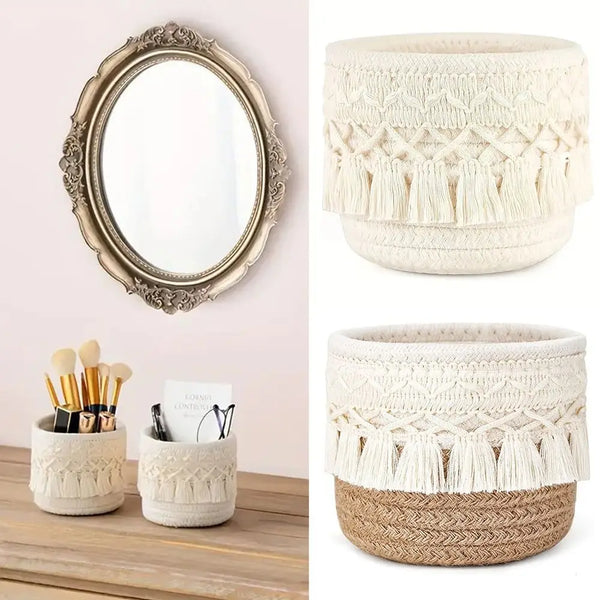 Panier de Rangement Tressé à Pompons - Corde de Coton