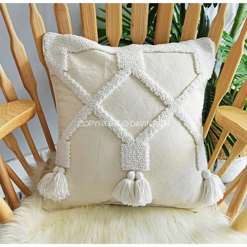 Housse de Coussin Blanche Bohème Tuftée Faite Main