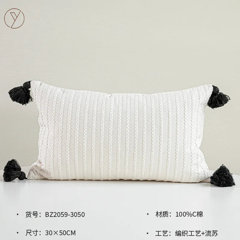 Housse de Coussin Blanche Rayée à Franges Waist