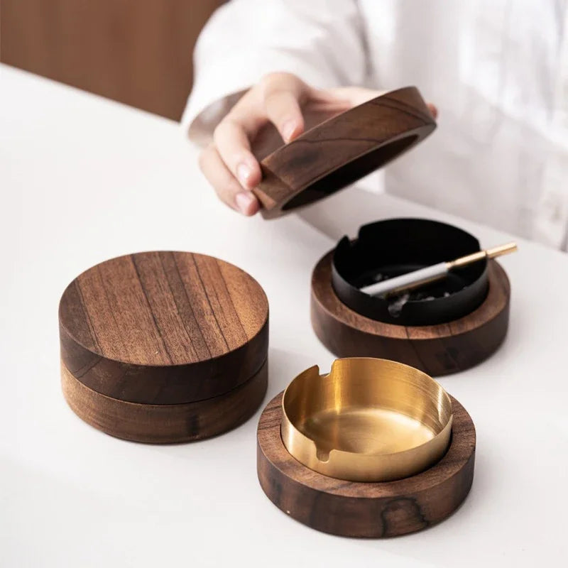 Cendrier de Table en Bois de Noyer avec Couvercle Anti-Vent