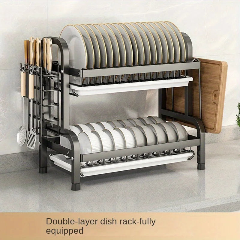 Égouttoir à Vaisselle Compact Anti-Rouille avec Support Ustensiles