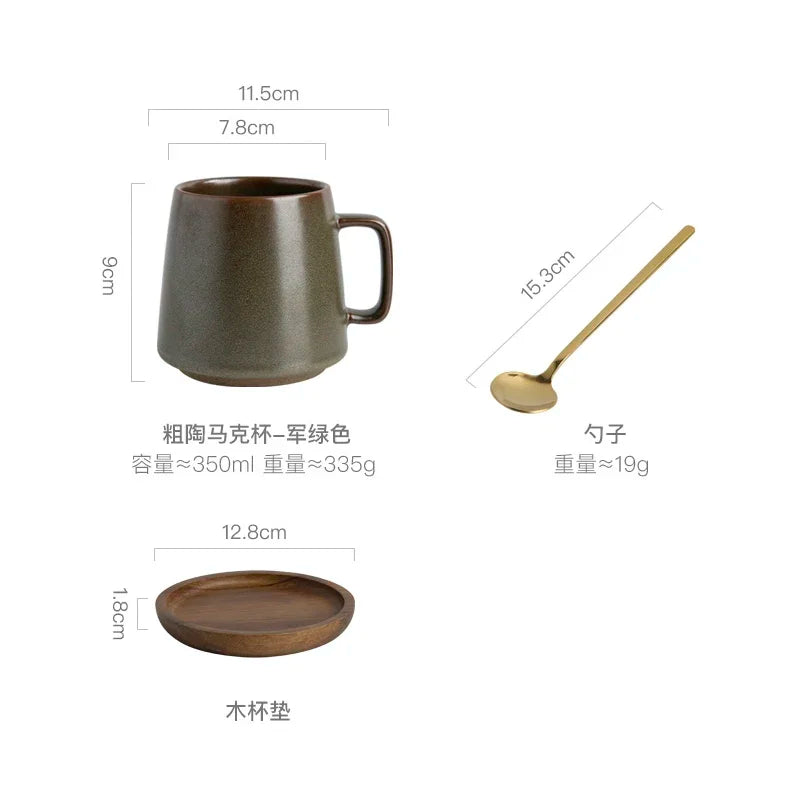 Tasse en Céramique Rétro avec Sous-Verre en Bois