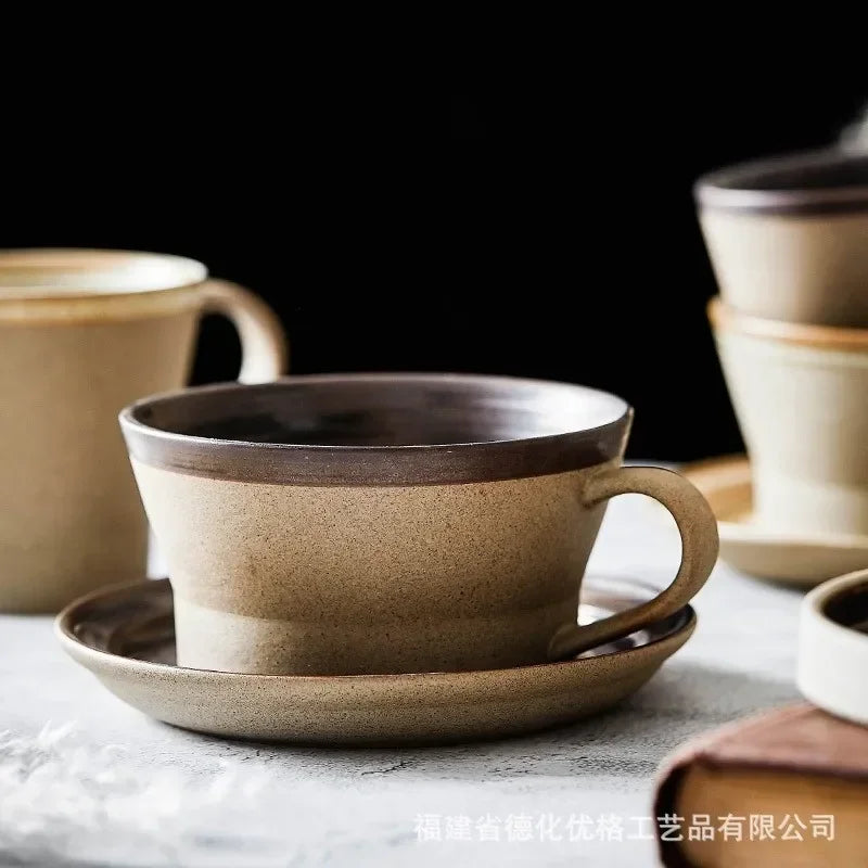 Ensemble Tasses en Poterie Rétro Faites Main avec Soucoupes