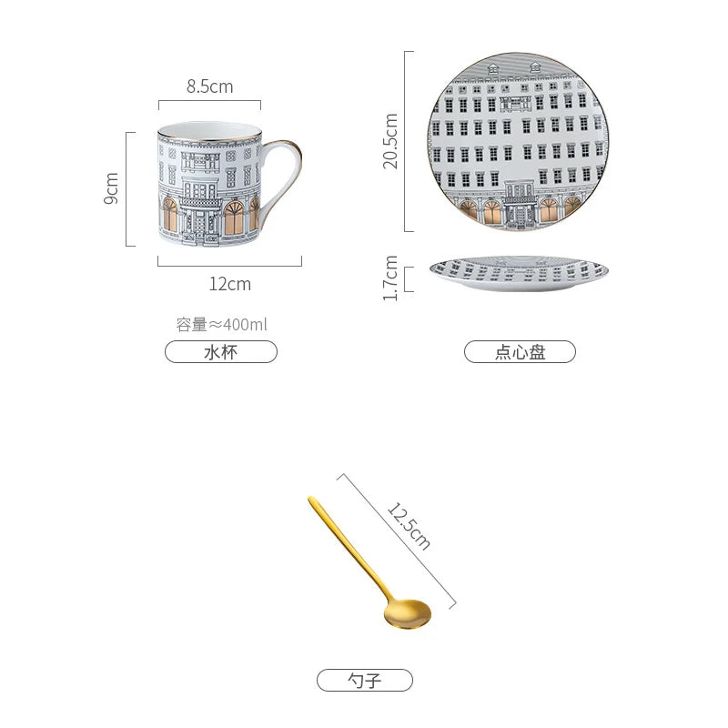 Tasse à Café et Assiette en Céramique Motif Architecture Romaine
