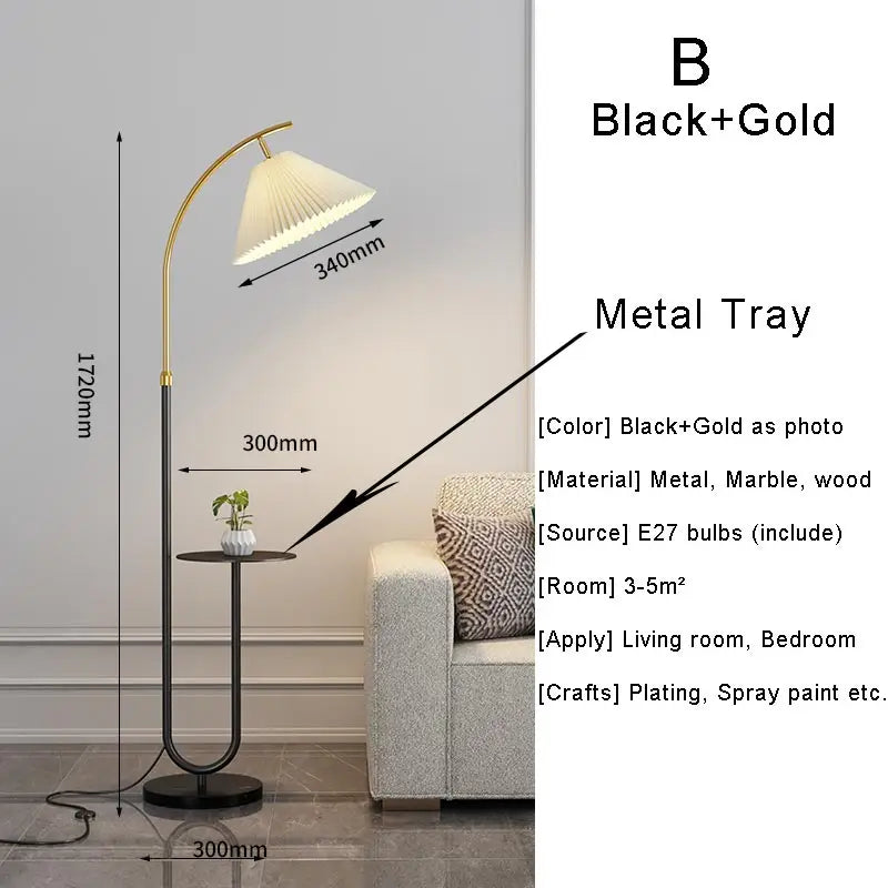 Lampadaire sur Pied Nordique - Abat-Jour Tissu Noir et Or