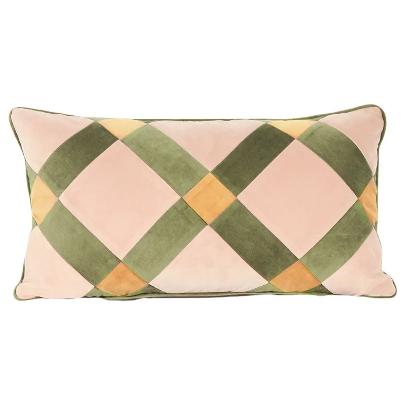 Beige & Gold Striped Lumbar Pillow Cover – Velvet Patchwork, 45x65cm