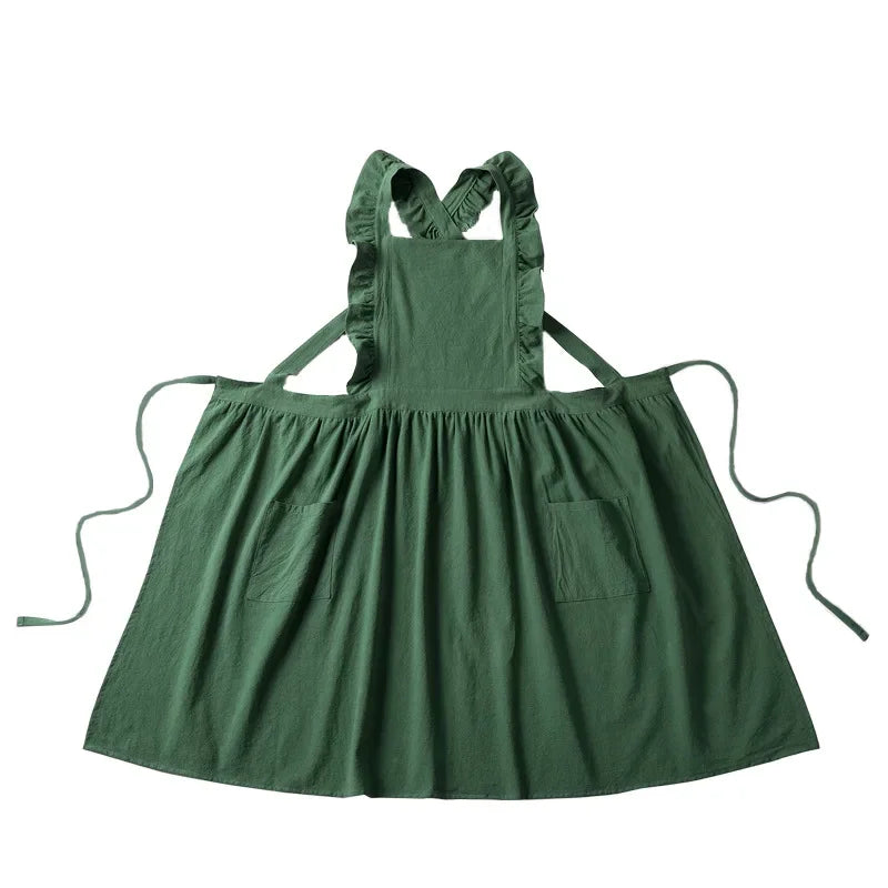 Tablier Kawaii Volanté Coton Lin Dentelle Feuille de Lotus