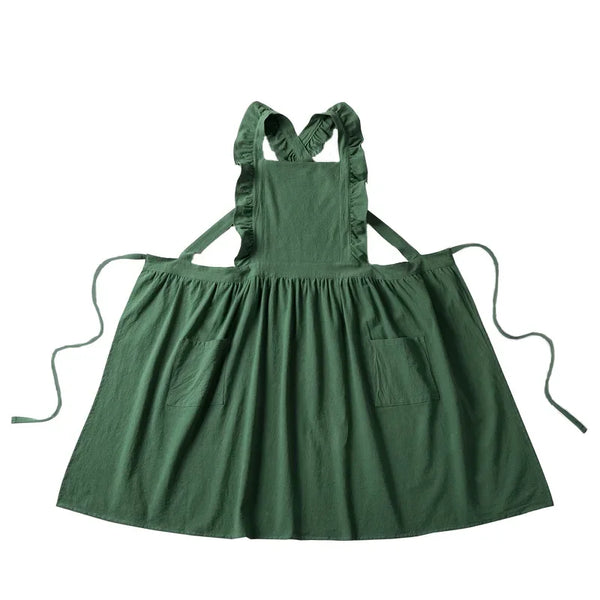 Tablier Kawaii Volanté Coton Lin Dentelle Feuille de Lotus