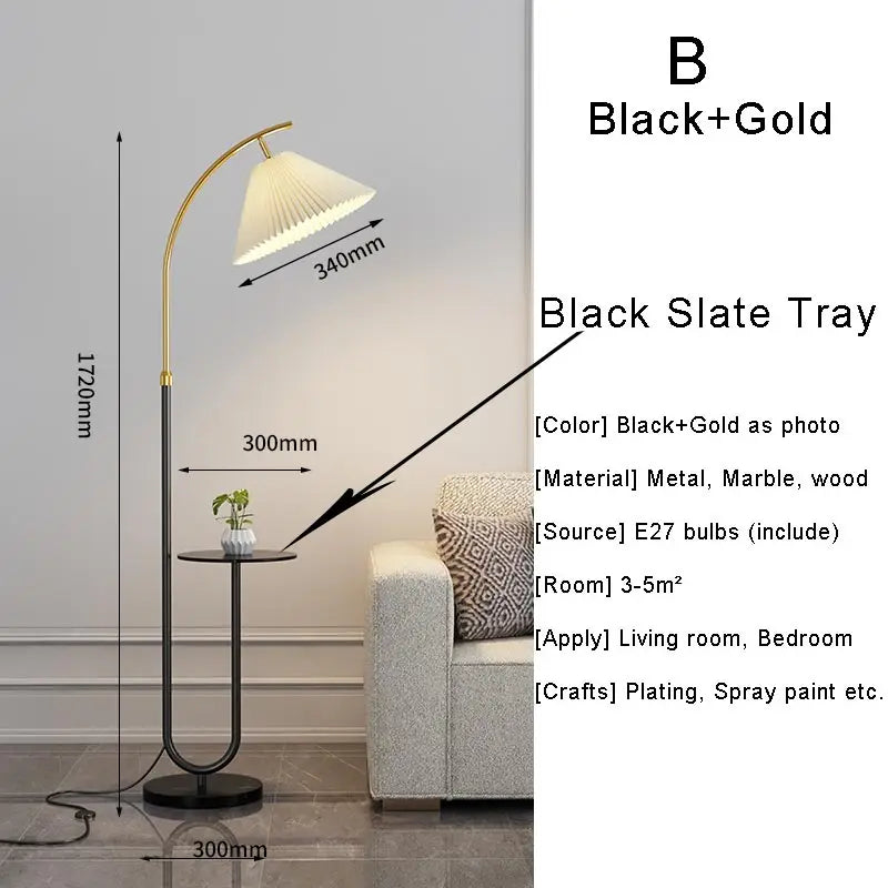 Lampadaire sur Pied Nordique - Abat-Jour Tissu Noir et Or