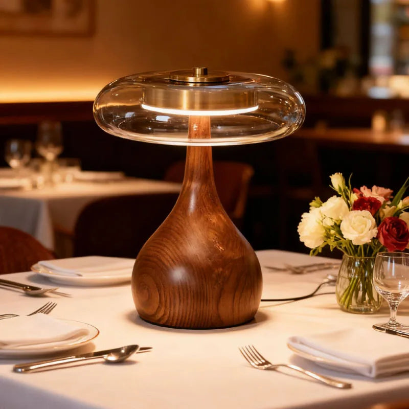 Lampe de Table Nordique Cuivre Verre et Bois LED