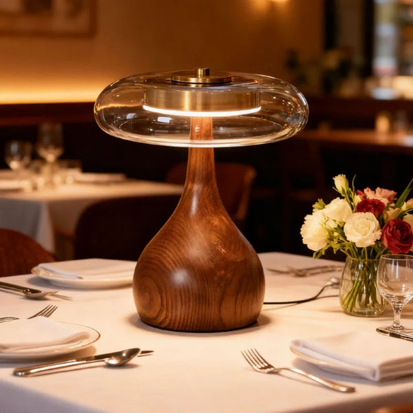 Lampe de Table Nordique Cuivre Verre et Bois LED