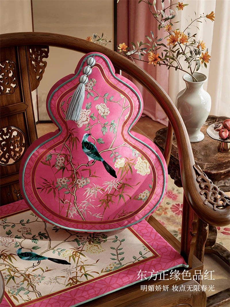 Coussin Décoratif Forme Gourde - Motif Floral et Oiseaux