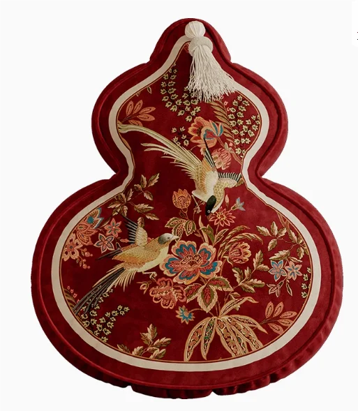 Coussin Décoratif Forme Gourde - Motif Floral et Oiseaux