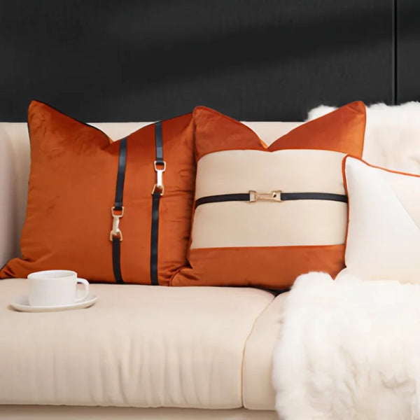 Housse de Coussin Velours Orange Beige Brodée Lombaire