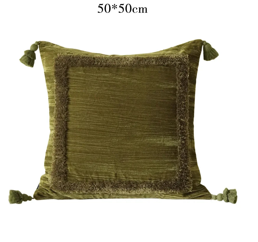 Housse de Coussin Bohème en Velours - Franges et Bordure Capitonnée