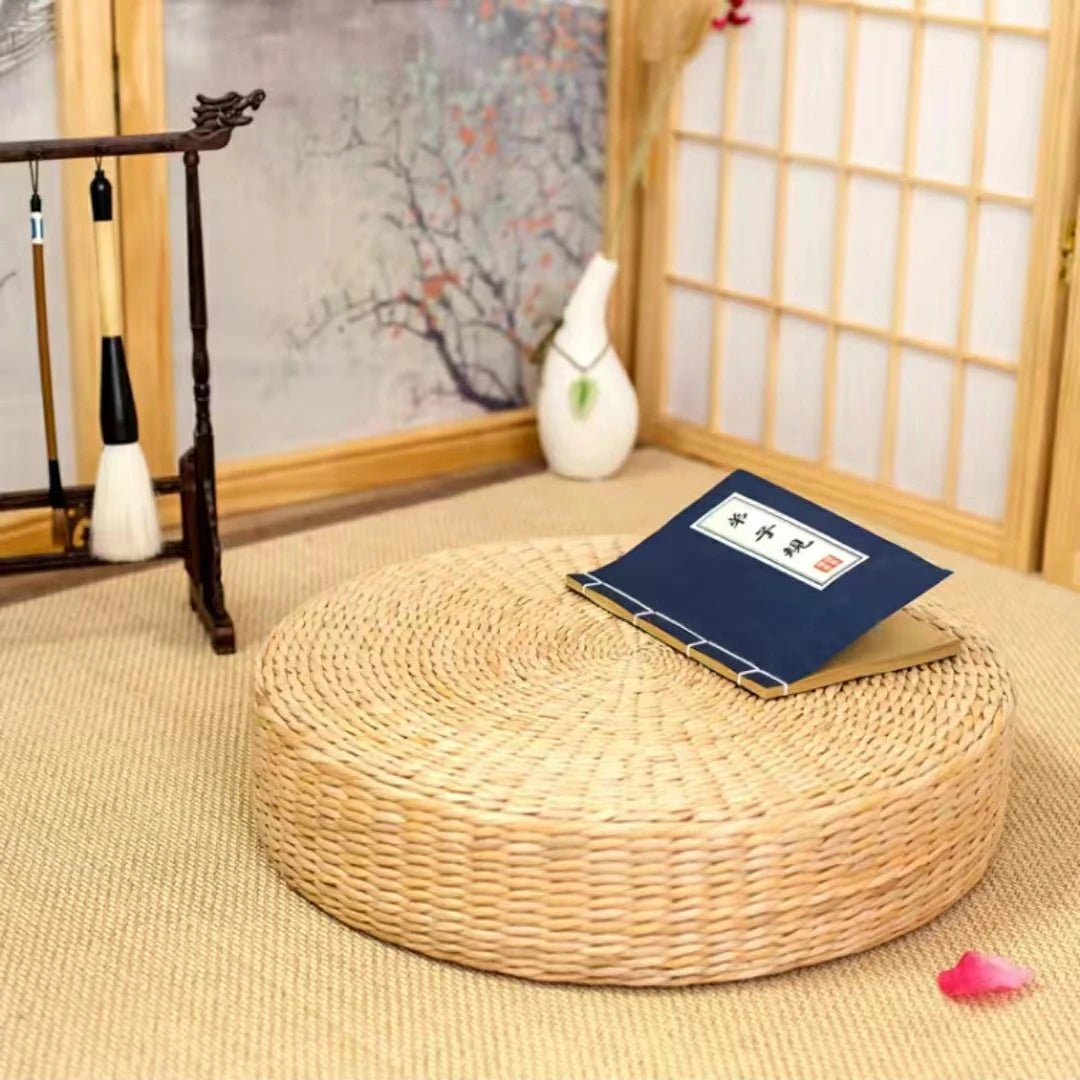 Coussin Rond en Paille Naturelle Tressée - Style Tatami