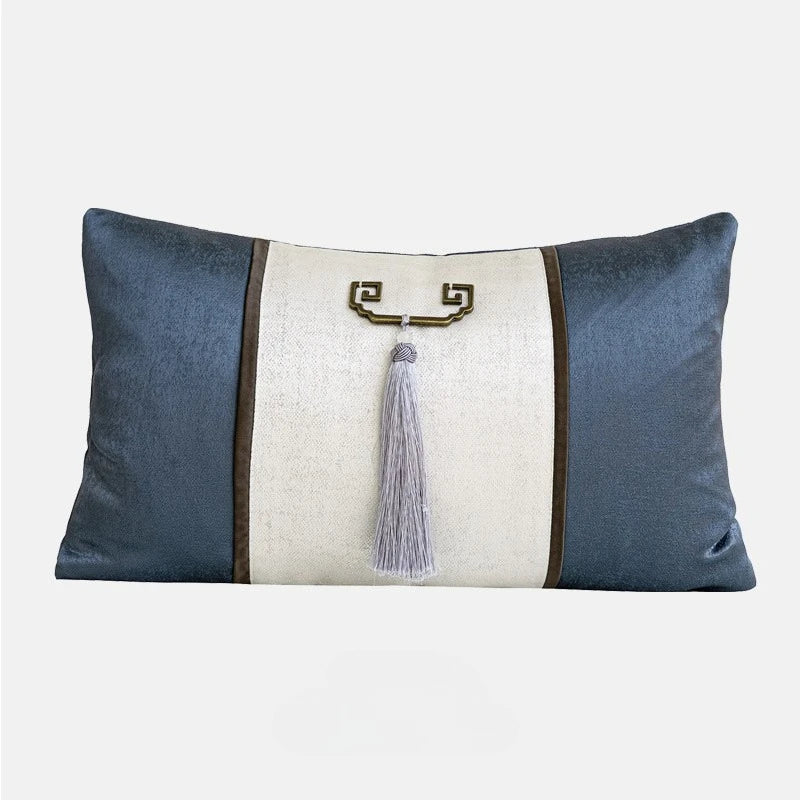 Housse de Coussin Bleu et Argent avec Pompon