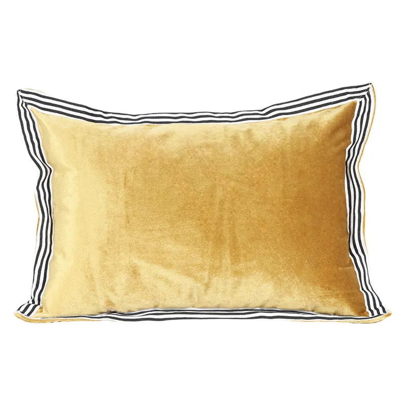 Beige & Gold Striped Lumbar Pillow Cover – Velvet Patchwork, 45x65cm