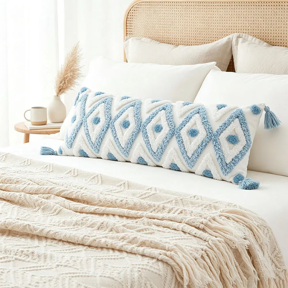 Housse de Coussin Lombaire Bohème - Losanges Bleu et Blanc