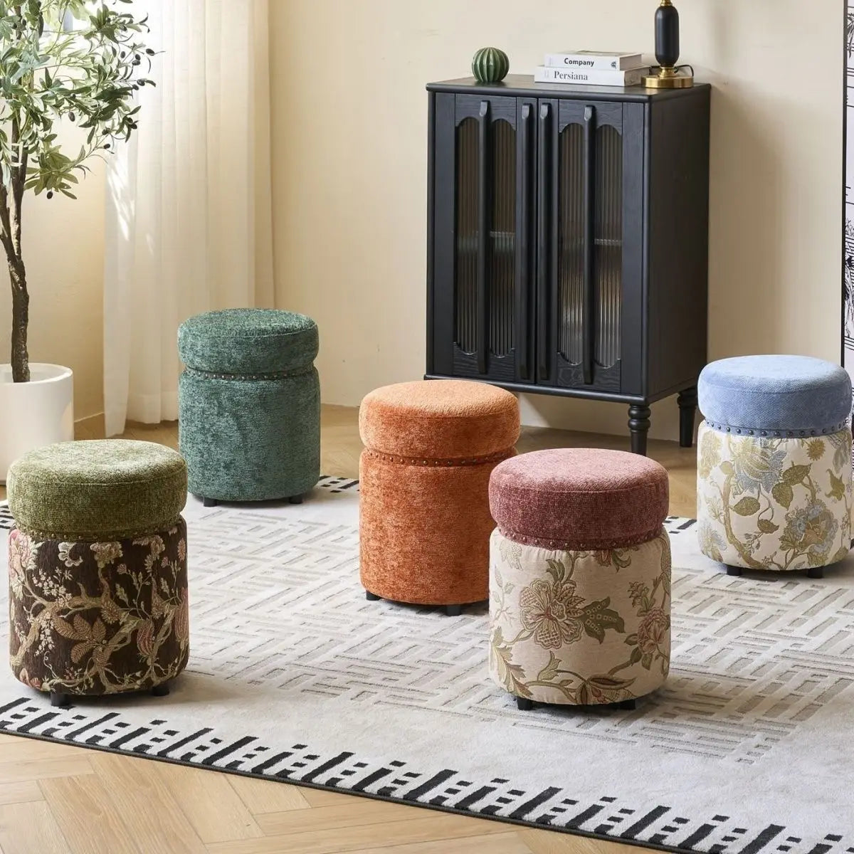 Tabouret Rond Capitonné - Style Chinois Moderne