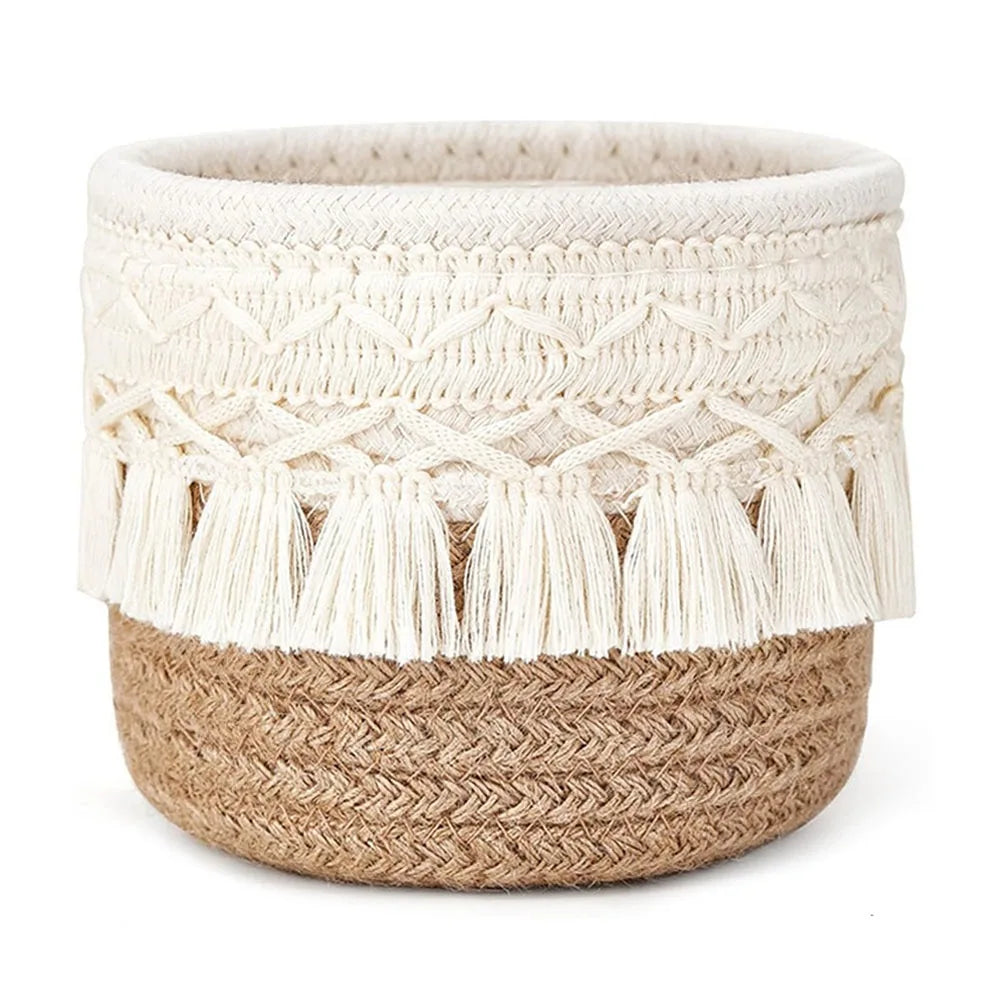 Panier de Rangement Tressé à Pompons - Corde de Coton