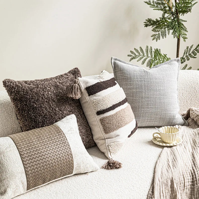 Housse de Coussin Beige Velours Bouclé Tricolore