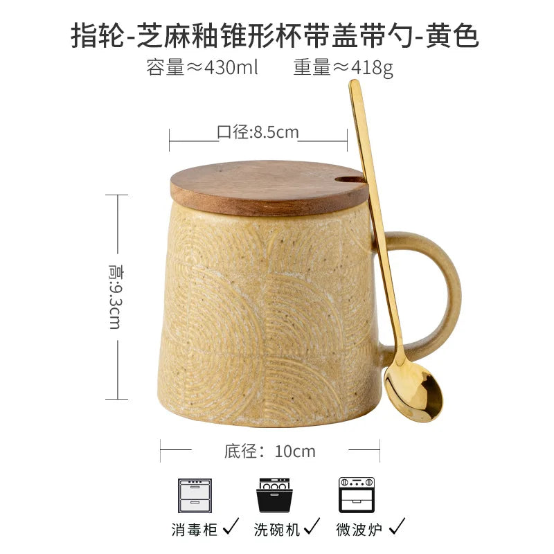 Tasse Sculptée Céramique Glaçure Sésame avec Couvercle et Cuillère