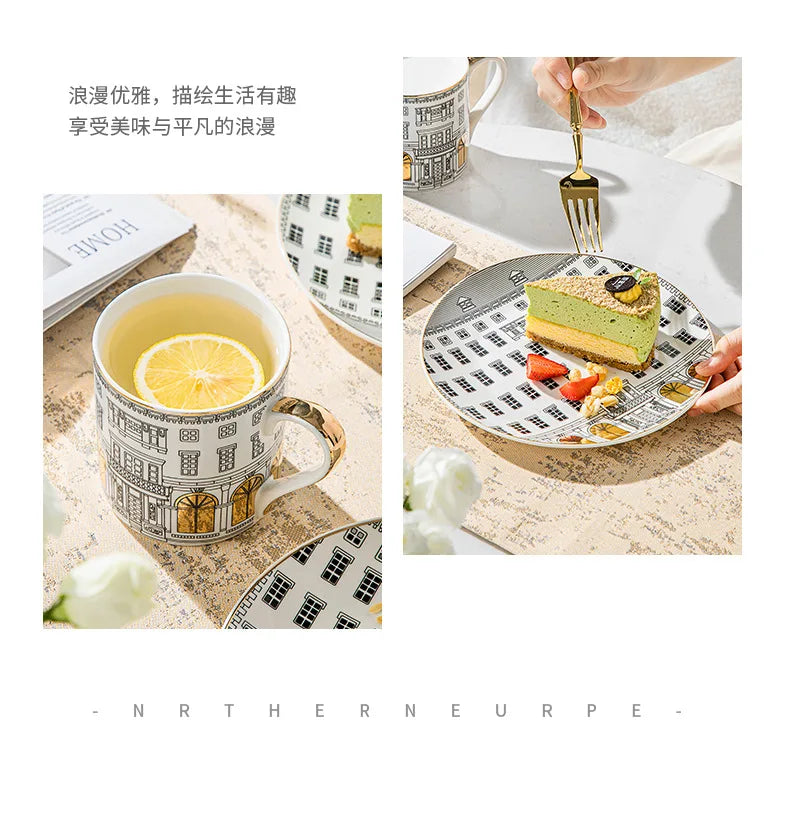 Tasse à Café et Assiette en Céramique Motif Architecture Romaine