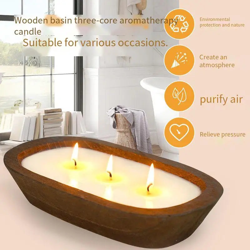 Bougie Parfumée Triple Mèche - Coupelle en Bois Naturel