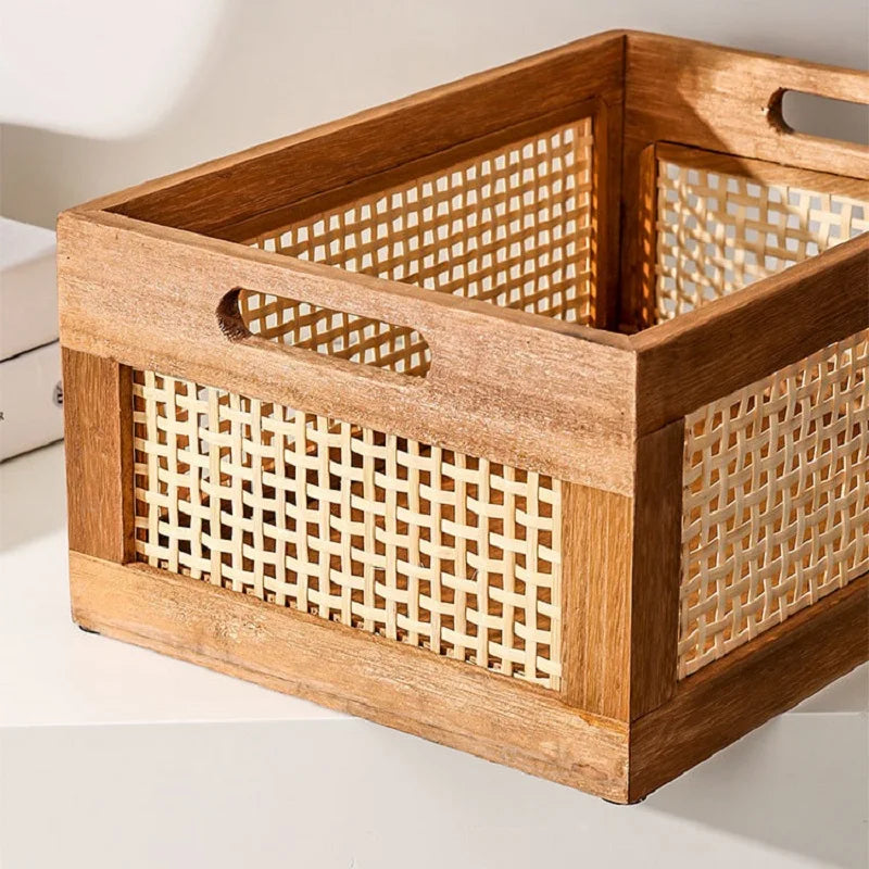 Boîte de Rangement en Bois Massif Style Rétro Rotin