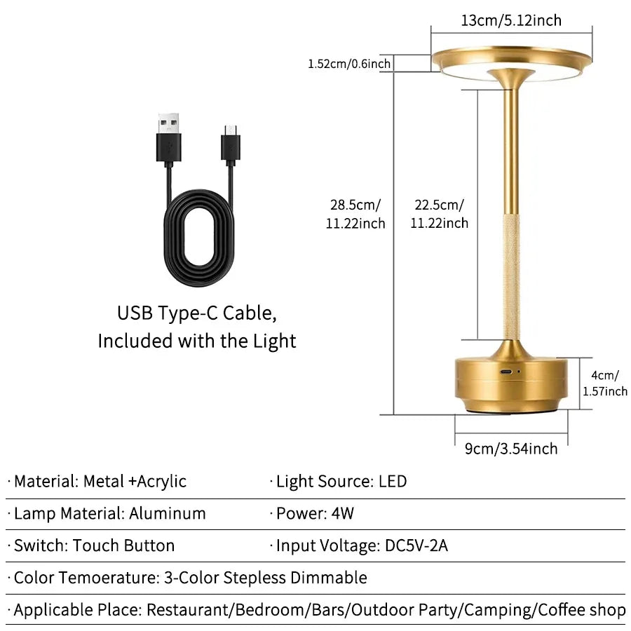 Lampe de Table Sans Fil Tactile Rechargeable Style Rétro