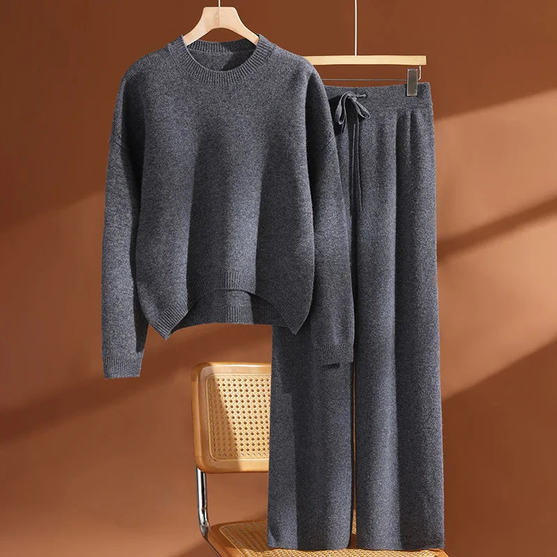 Women's 100% Wool Set O-neck Pullover Wide Leg Pants Loose Thick Autumn Winter Solid Cashmere Sweater Knitwear Trousers Suit