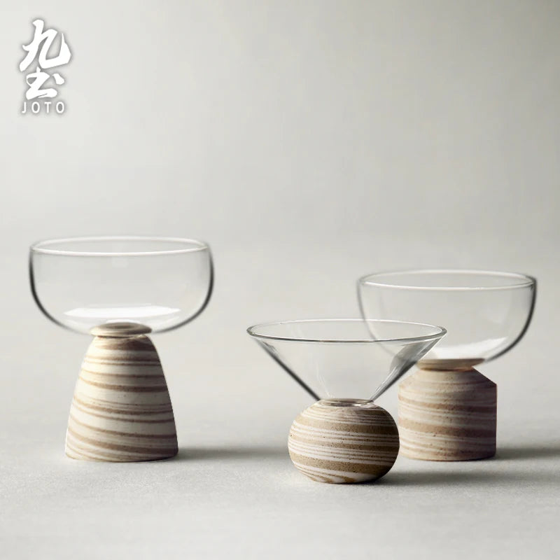 Set de Tasses en Verre avec Base en Bois Fait Main