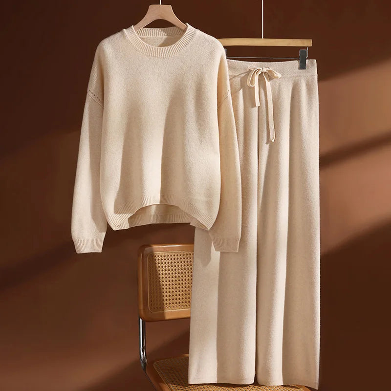Women's 100% Wool Set O-neck Pullover Wide Leg Pants Loose Thick Autumn Winter Solid Cashmere Sweater Knitwear Trousers Suit