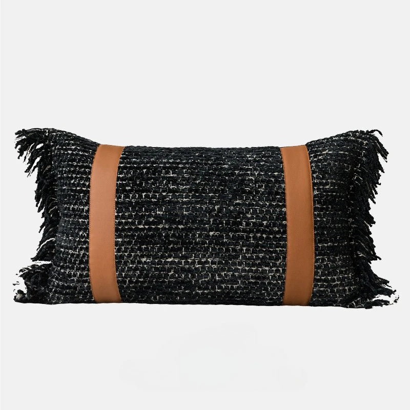 Housse de Coussin Pompons Noirs et Cuir Orange Format Lombaire