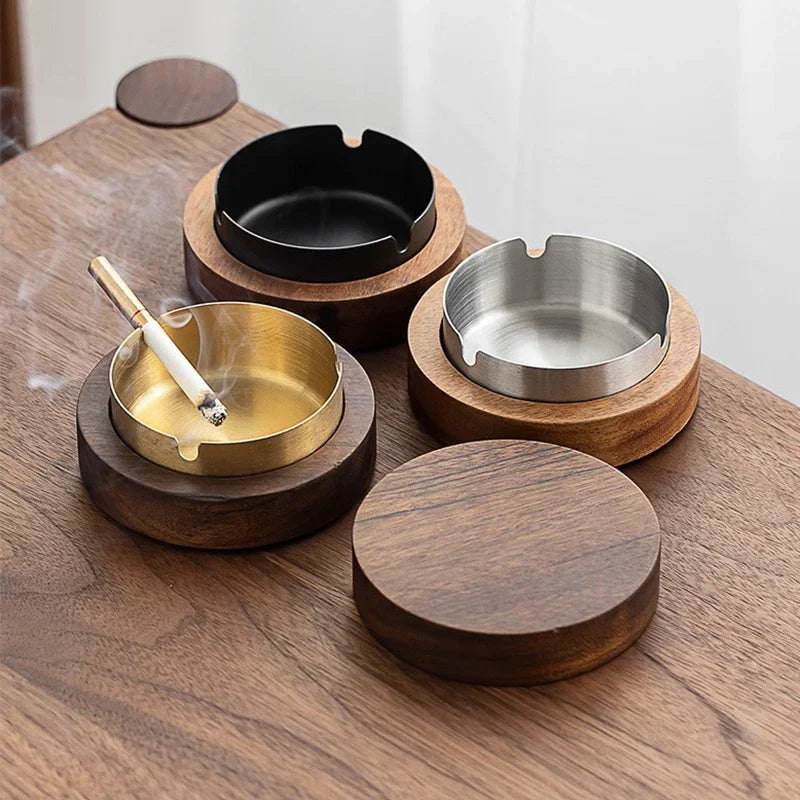 Cendrier de Table en Bois de Noyer avec Couvercle Anti-Vent