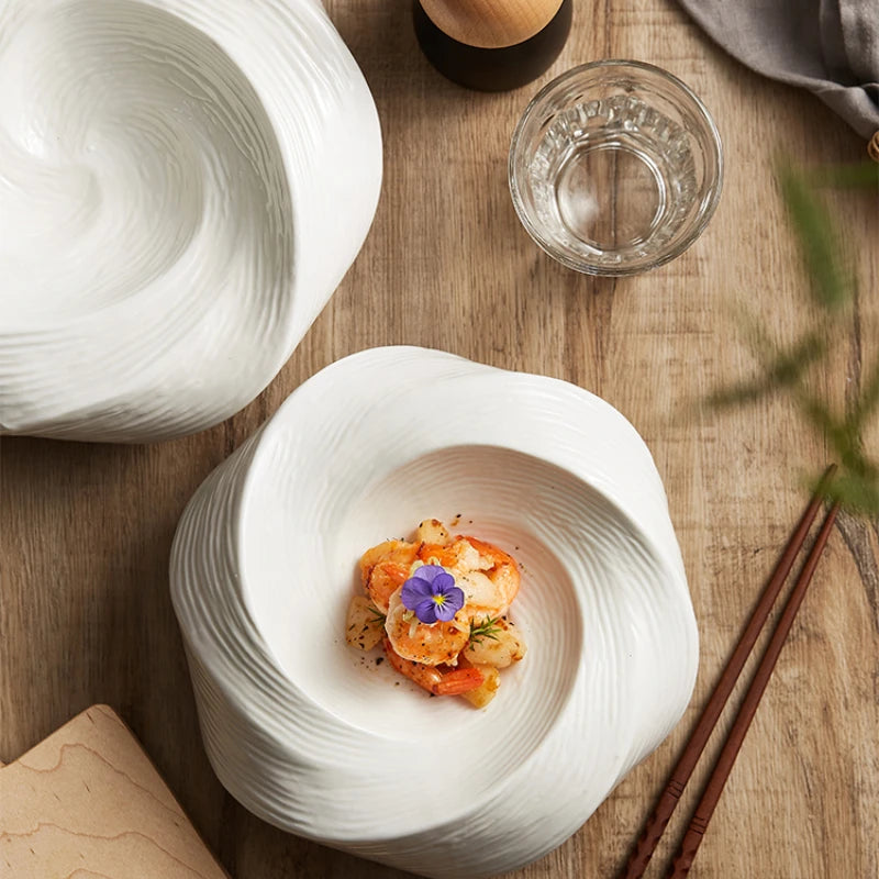 Plat en Céramique Blanche Design Artistique pour Salade et Fruits