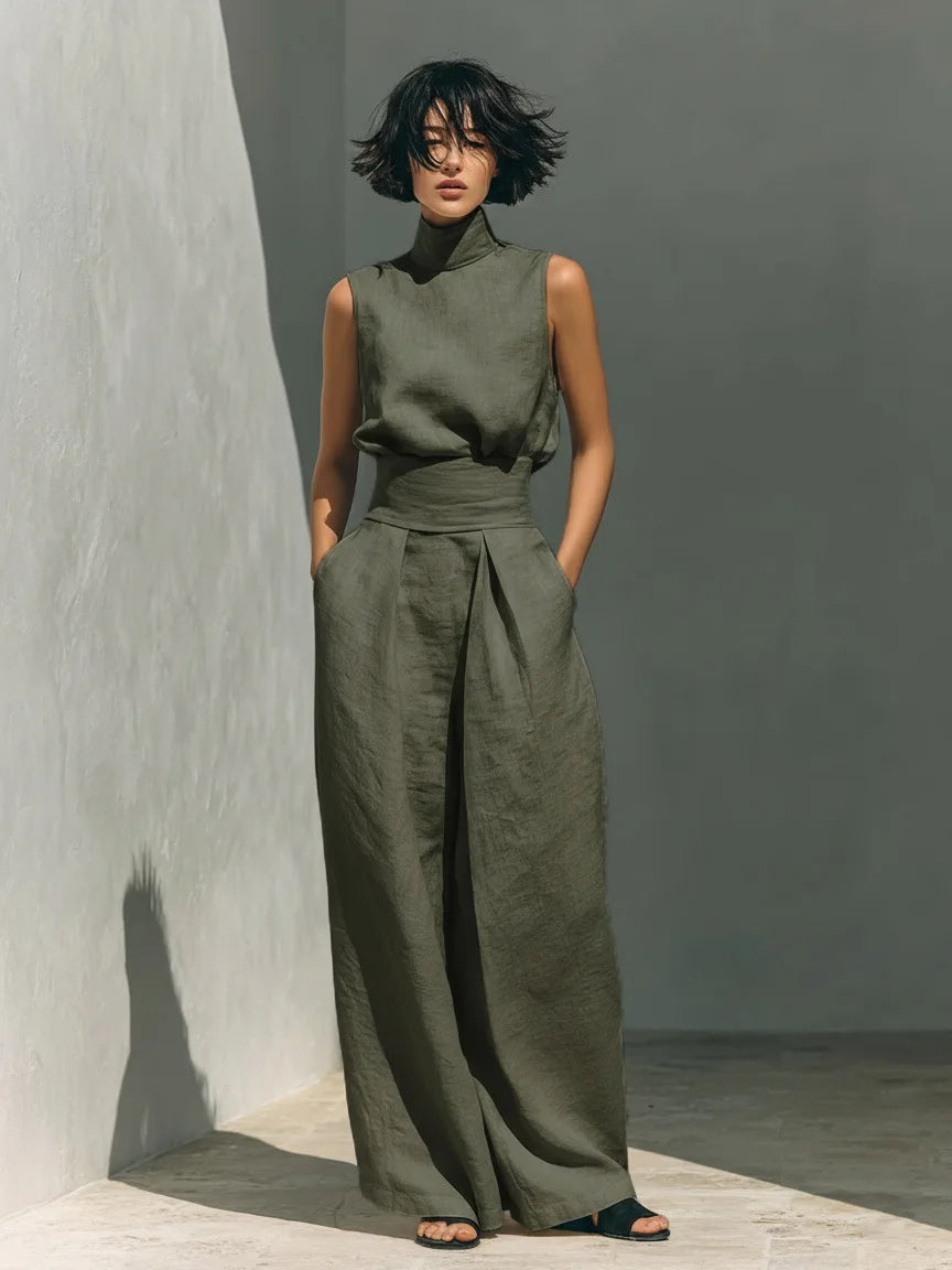 Fashion Elegant 2Pc Pants Set 2026 Summer Sleeveless Turtleneck Top+Wide Leg Pants High Street Casual Two Piece Set Women Outfit