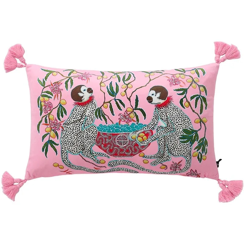 Housse de Coussin Velours Motif Léopard à Pompons