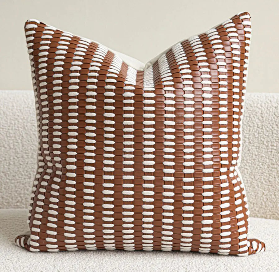 Housse de Coussin Cuir Tissé Orange et Blanc Format Carré